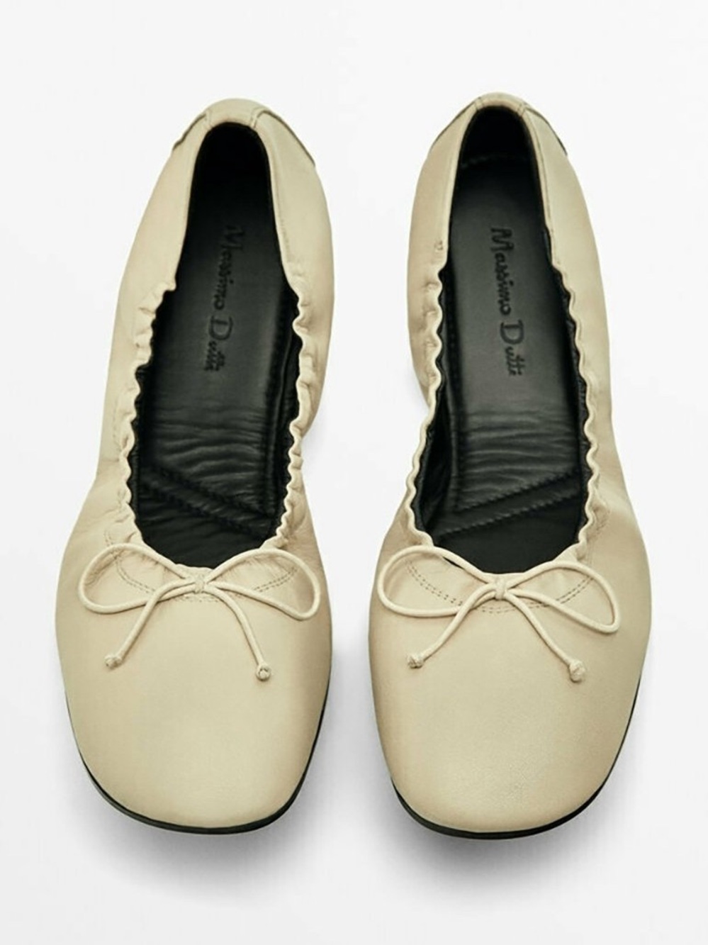 Massimo Dutti Leather Square-Toe Ballet Flats with Gathered Detail Cream NWOT